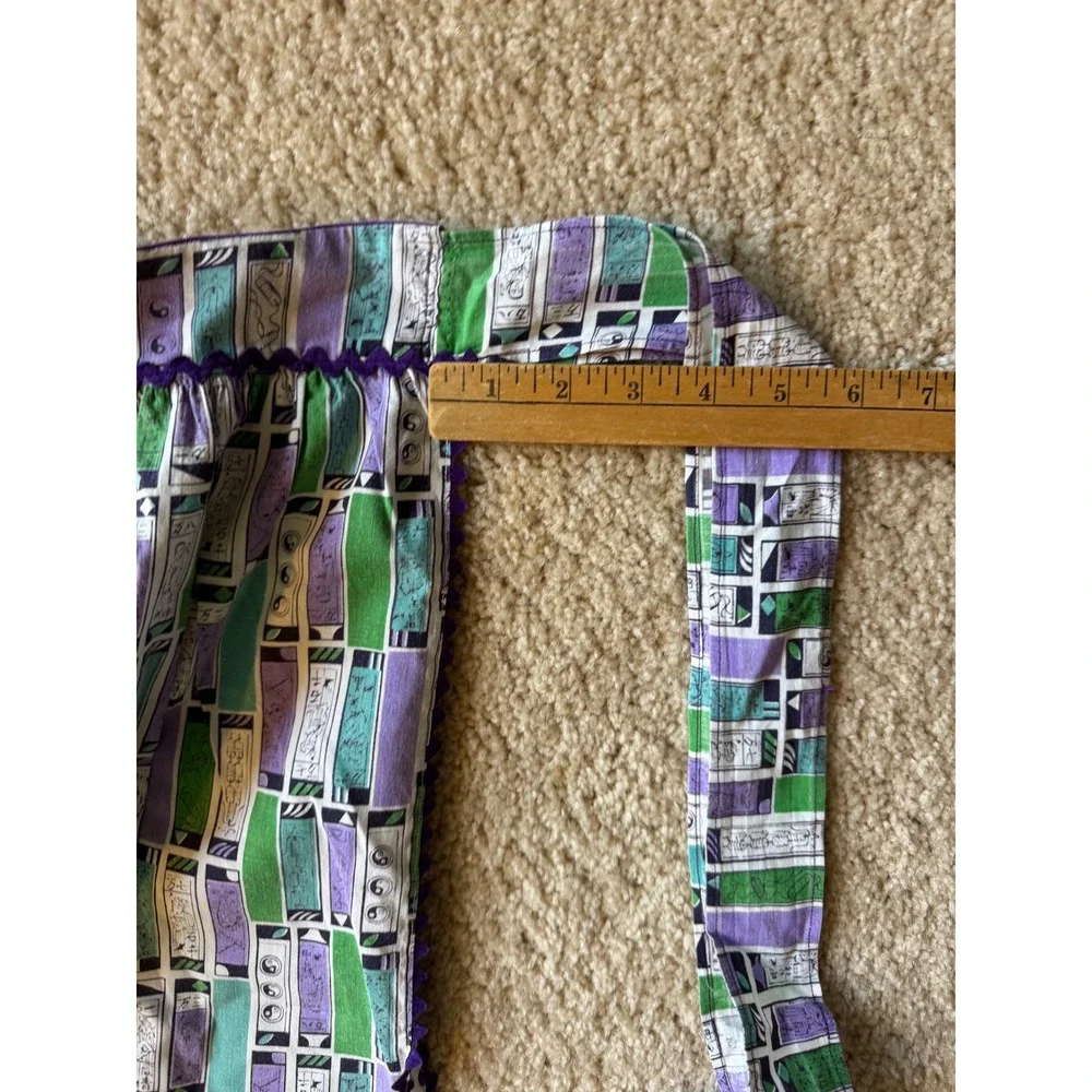 Vintage 1960s Handmade Half Apron Green Purple Rickrack Trim Novelty Print